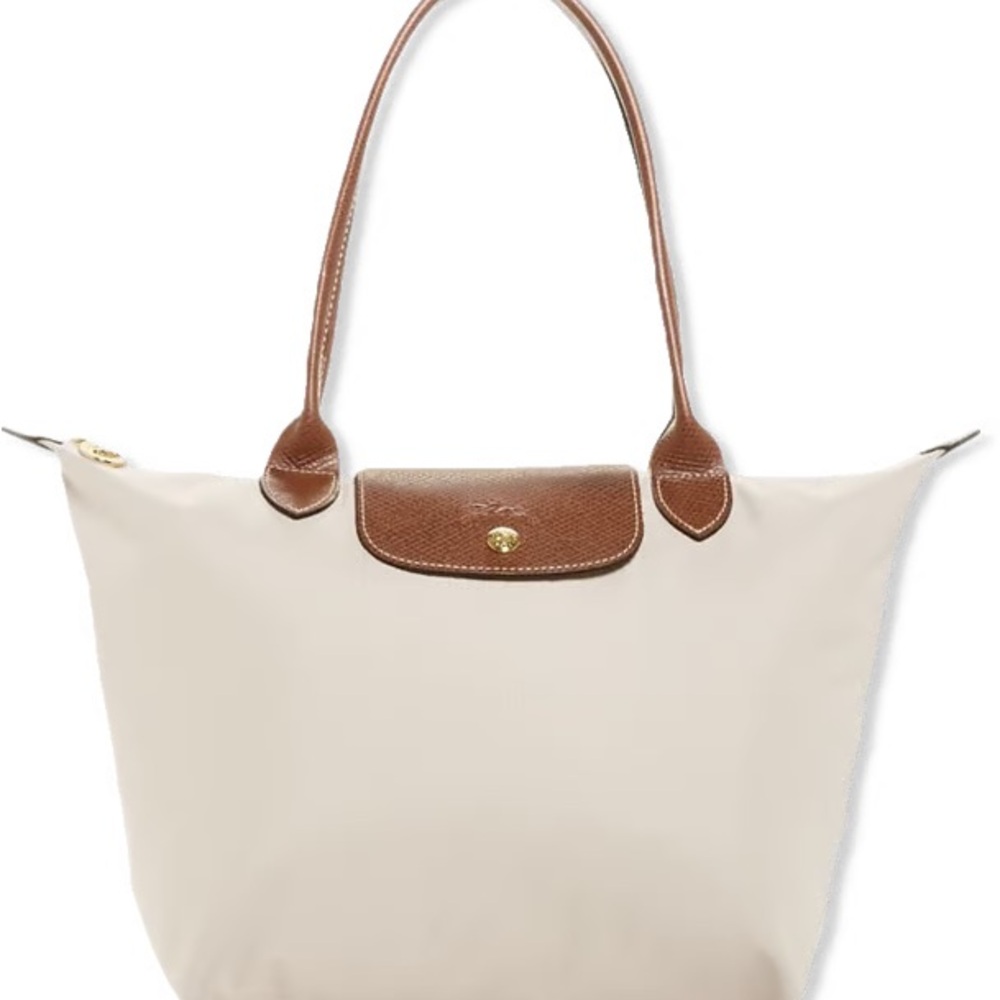 Longchamp Le Pliage Beige Tote with Brown Leather Trim